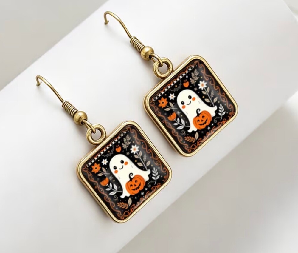 Halloween Earrings Ghost Pumpkin Dangle Bronze-Tone New